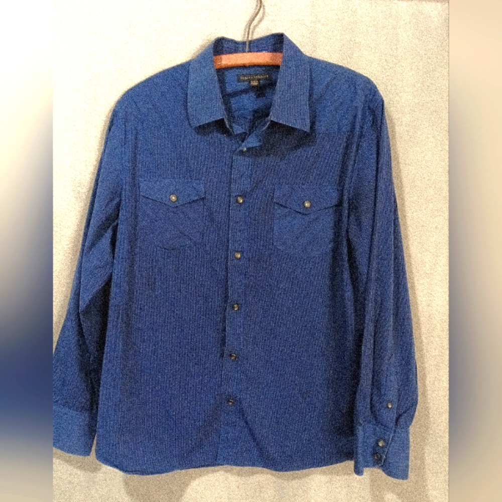 Banana Republic Men's Pearl Snap Stretch Blue Stripe Shirt Large 16-16 1/2